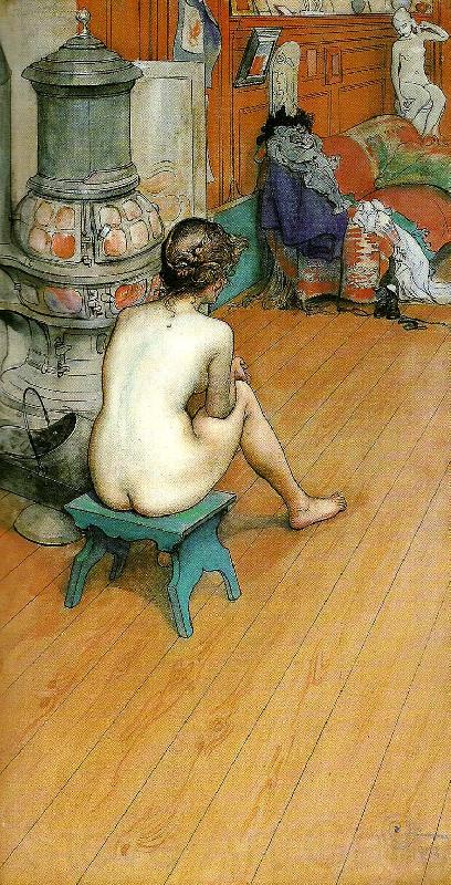 Carl Larsson leontine, naken rygg sittande-am ofen-i ateljen France oil painting art